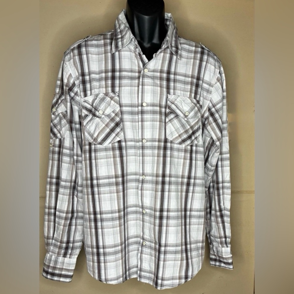 Supply Company USA Pearl Snap Long Sleeve Plaid Shirt Men's Size Large Tan